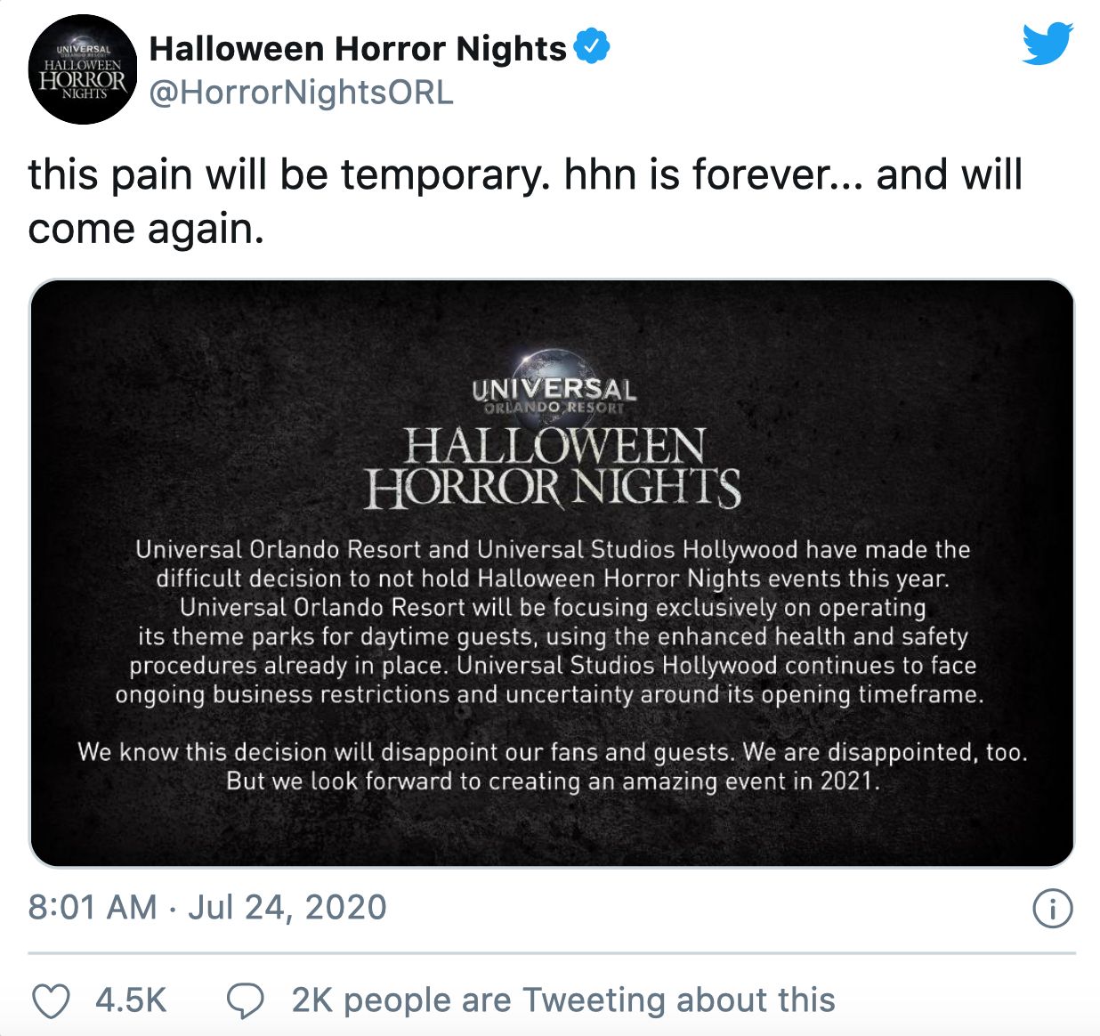 Halloween Horror Nights Canceled Tweet