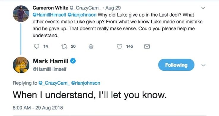 Mark Hamill Luke Skywalker tweet