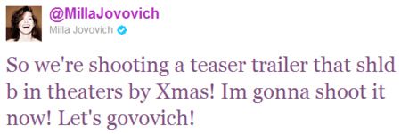 Milla Jovovich Resident Evil: Retribution Tweet #2
