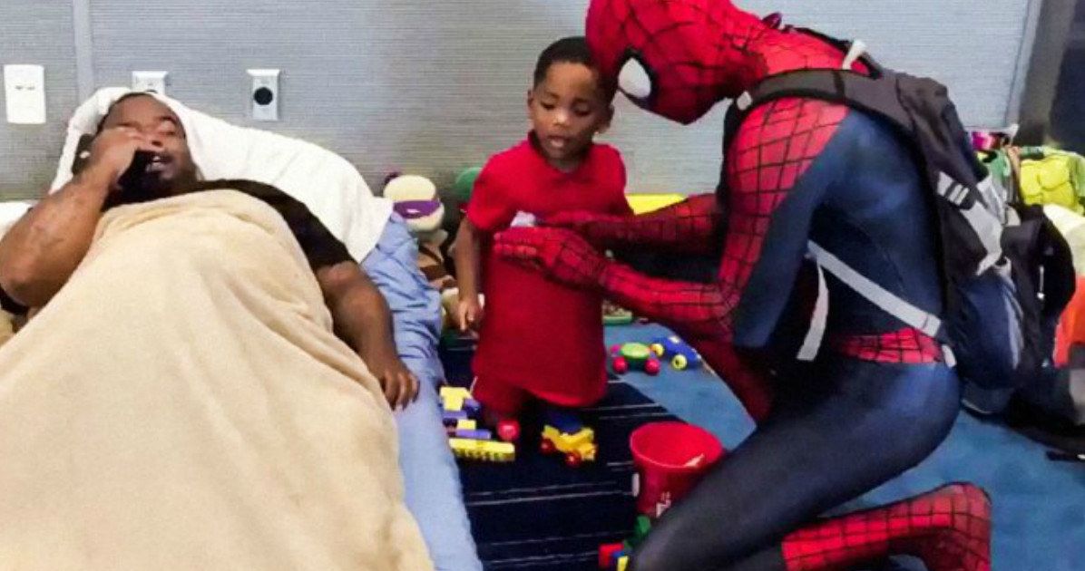 Spider-Man Swings Into Houston Hurricane Shelter to Cheer Up Misplaced Kids