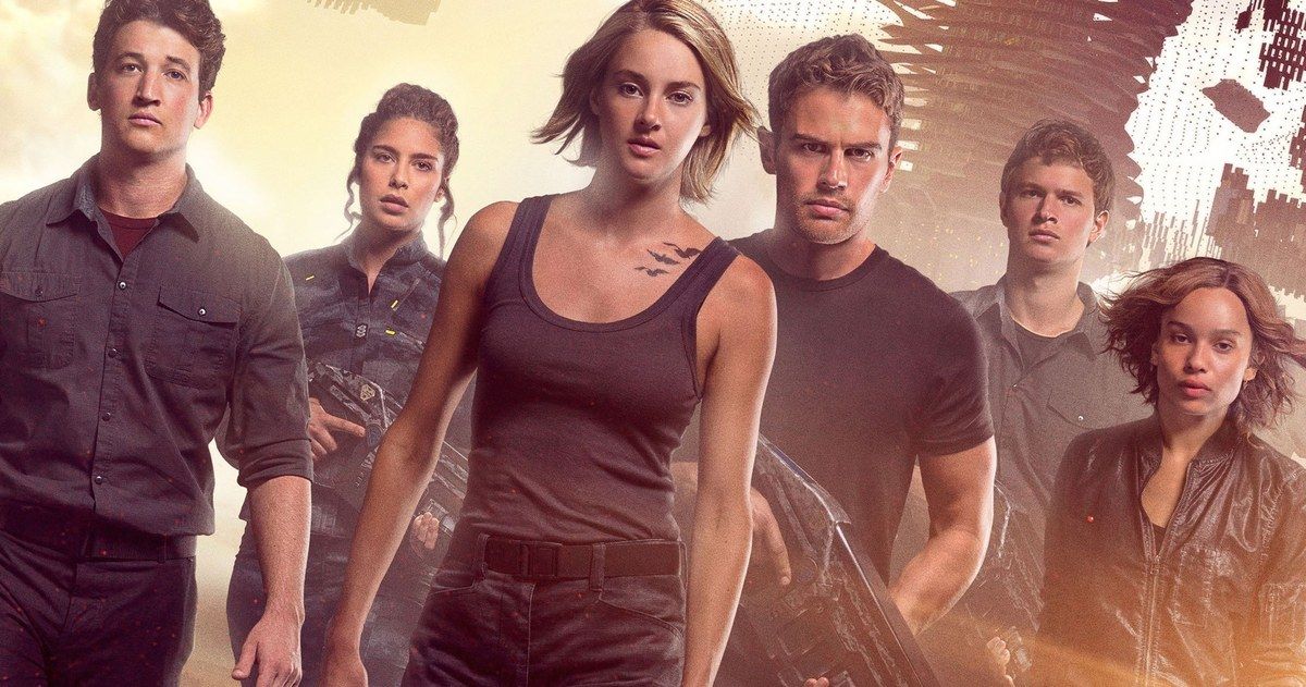 The cast of the Divergent franchise walking with weapons for a promotional still.