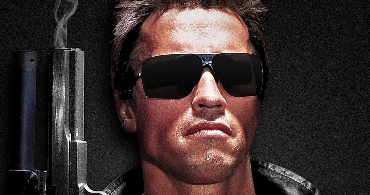 Arnold Schwarzenegger holds a gun in The Terminator