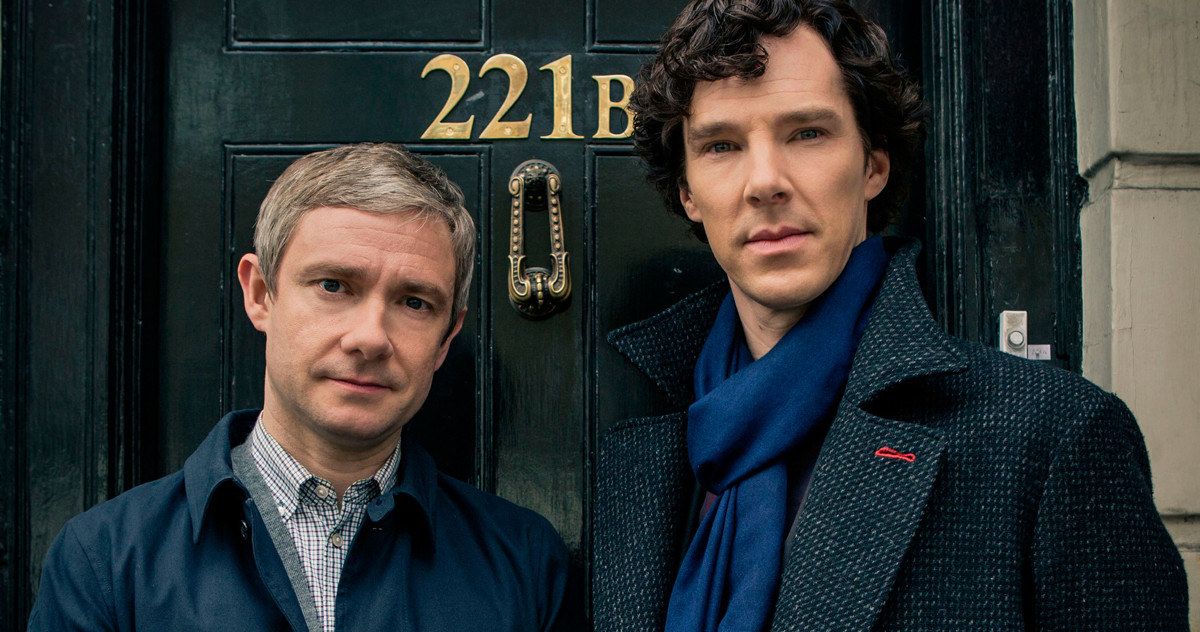 Sherlock and Watson on the doorstep, played by Benedict Cumberbatch and Martin Freeman