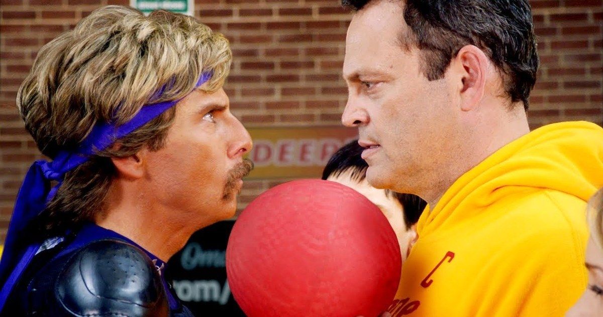Ben Stiller and Vince Vaughan face off with a red ball between them in Dodgeball