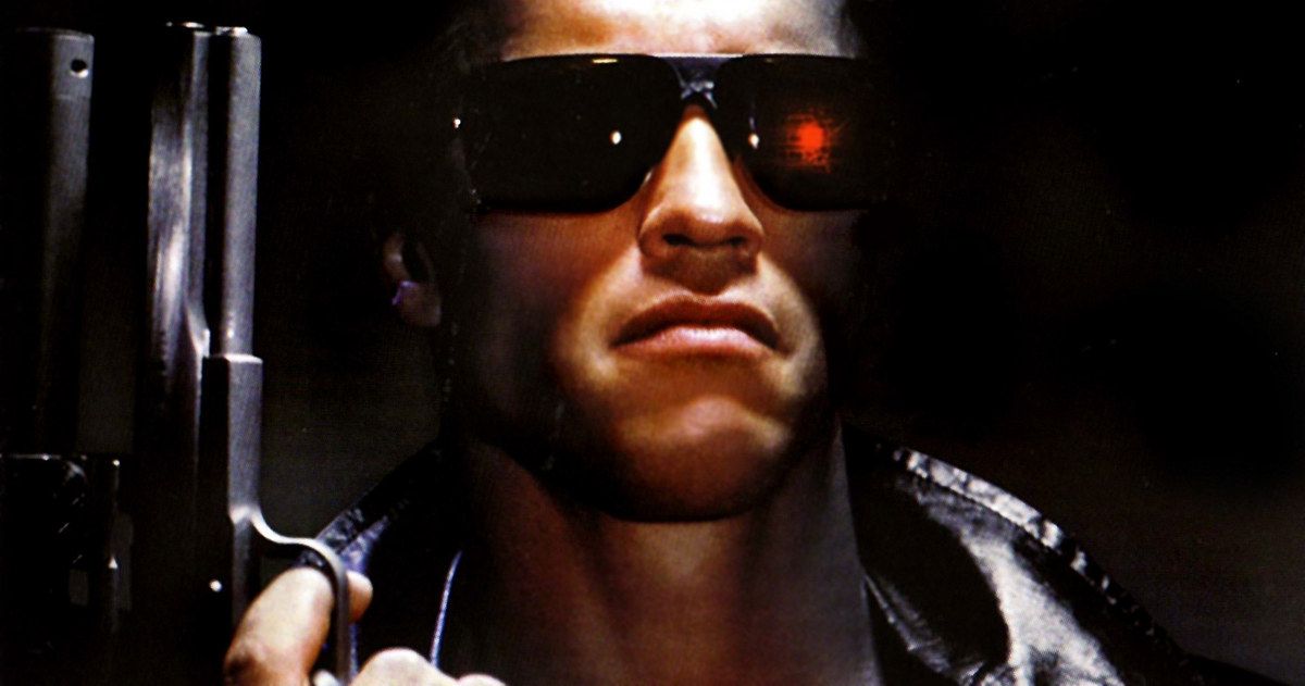 Schwarzenegger with a gun and red eyes in The Terminator