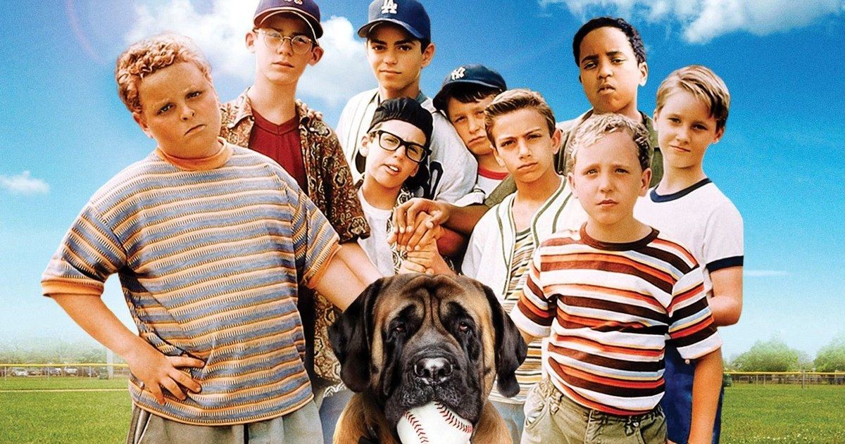 The Sandlot cast of young boys in the baseball field
