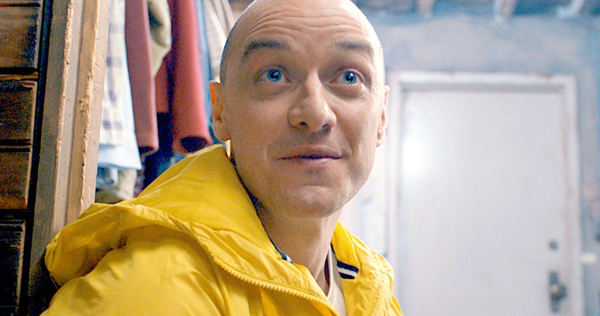 James McAvoy bald and in a yellow raincoat in Split