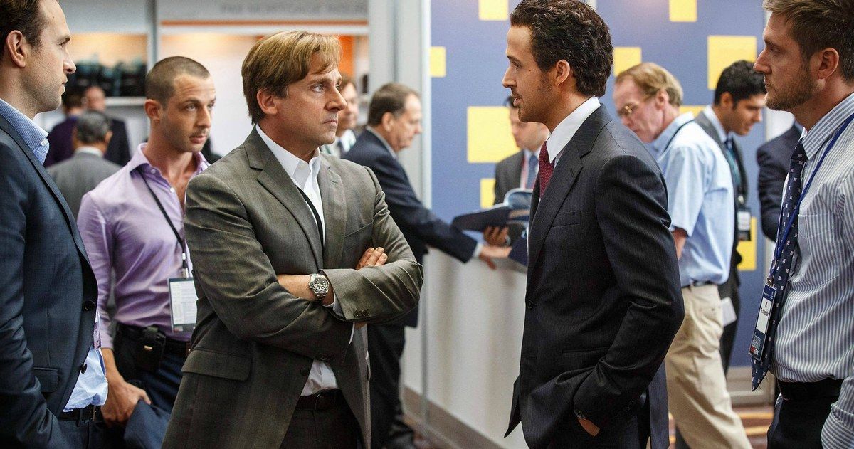 The suit-wearing cast of The Big Short in an office