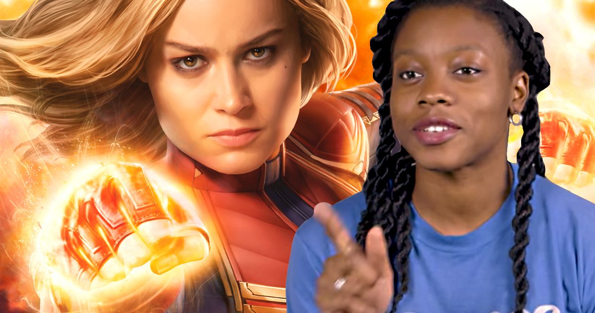 Brie Larson as Captain Marvel with her fist balled up as energy emits from it next to director Nia DaCosta