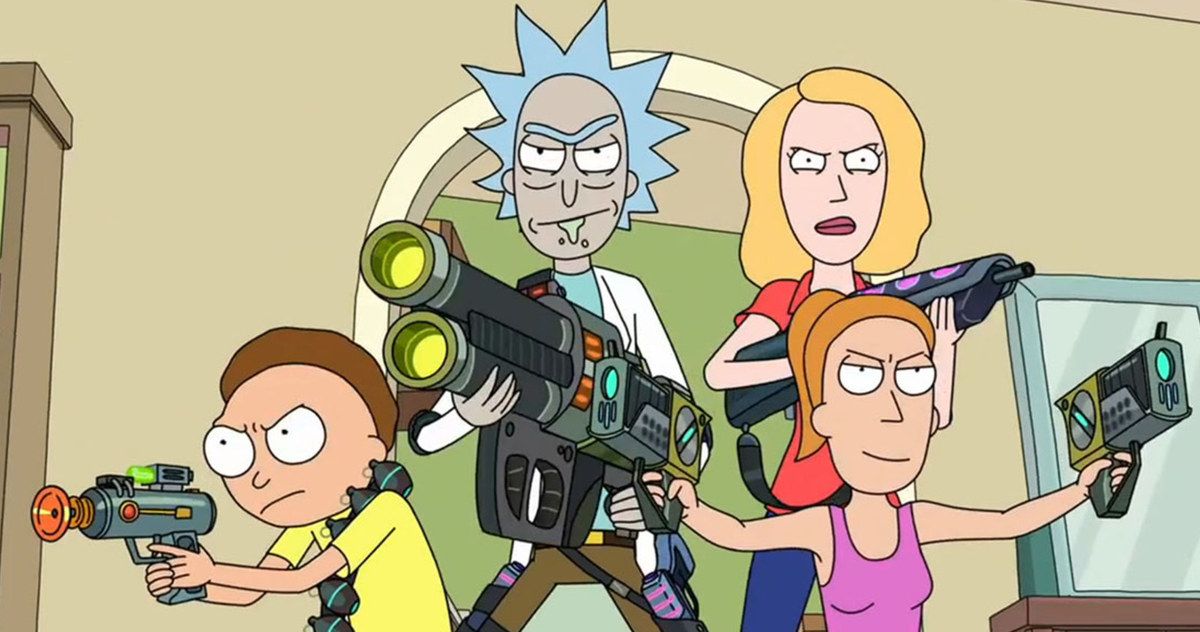 The characters of Rick and Morty strike a pose, laser guns in hand, in their living room