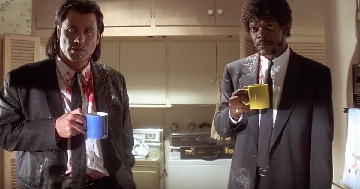 John Travolta and Samuel L. Jackson drink their morning coffee but are covered in blood in Pulp Fiction
