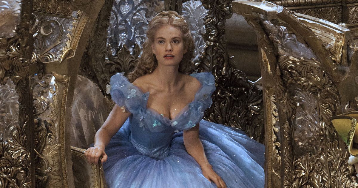 Lily James in a blue dress in Cinderella