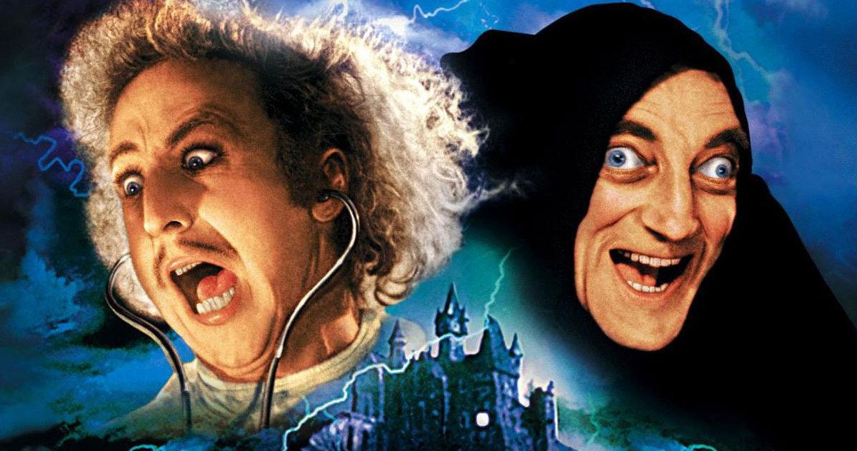 Gene Wilder and Marty Feldman's faces over the castle in Young Frankenstein