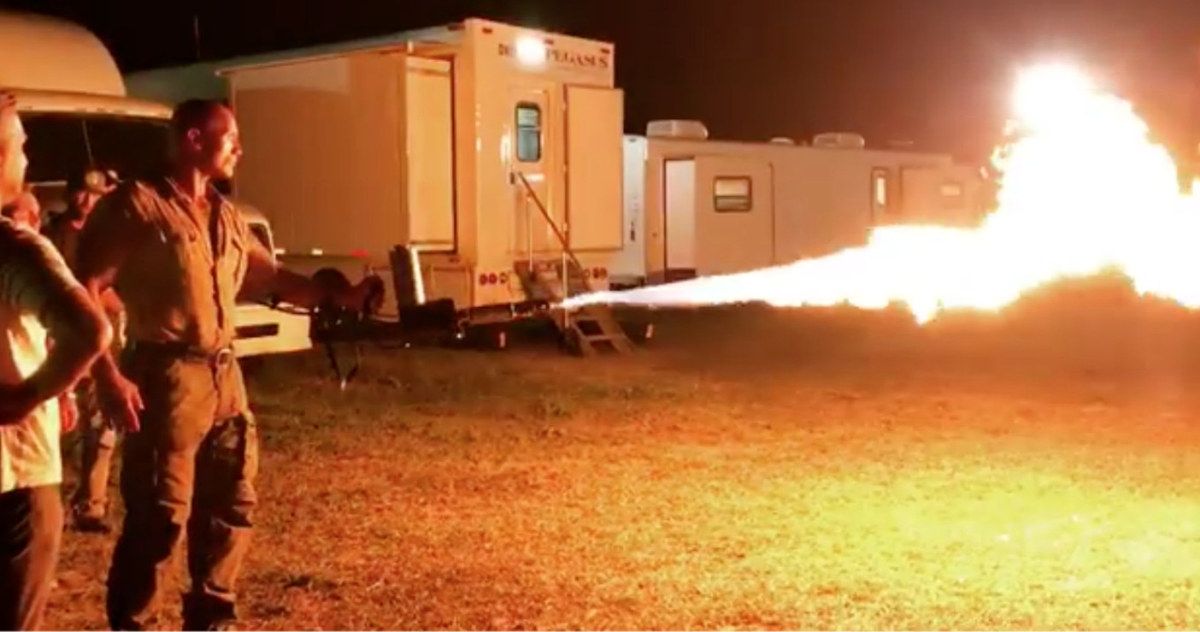 The Rock Shows Off His Flamethrower in Jumanji 2 Set Video
