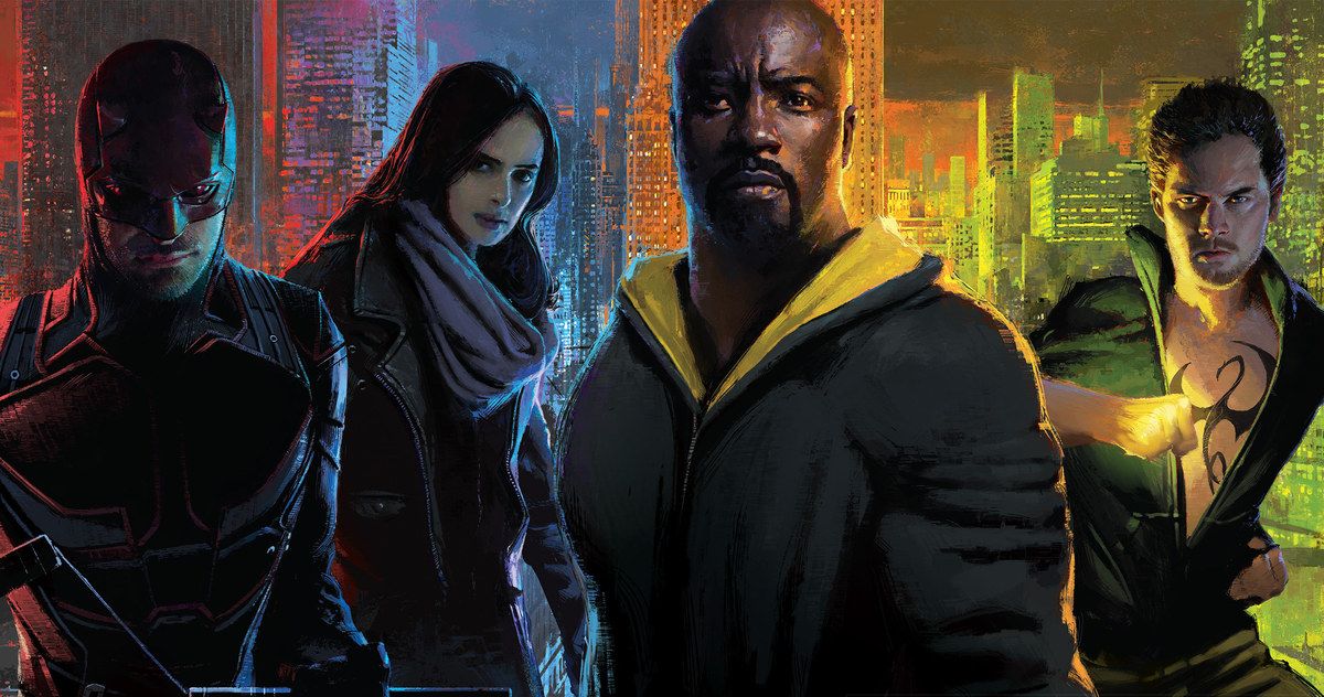 Daredevil, Jessica Jones, Luke Cage, and Iron Fist in different colors for Marvel's Defenders Saga