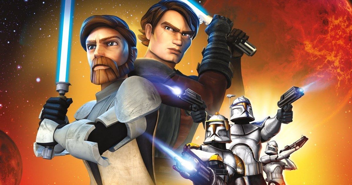 Star Wars: Clone Wars cast with guns and lightsabers