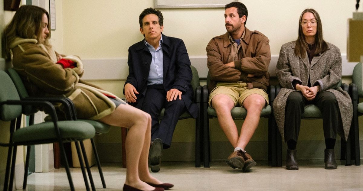 The cast of Noah Baumbach's The Meyerowitz Stories sits in a room