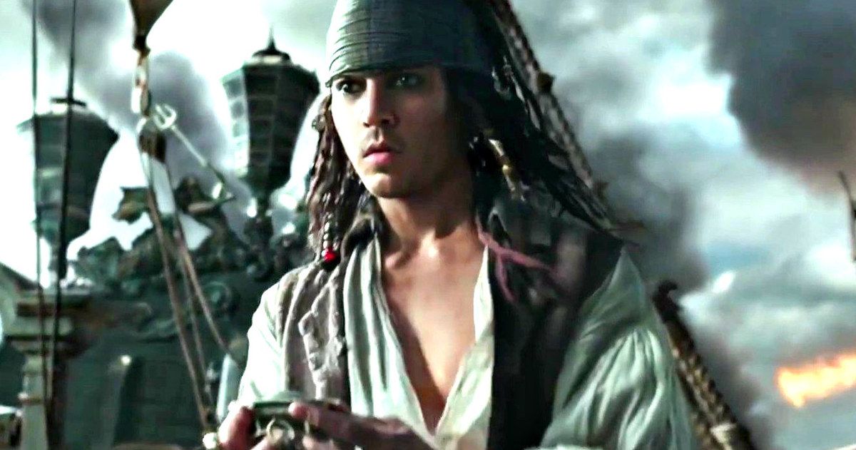 A young Jack Sparrow looking at the camera in Pirates of the Caribbean Dead Men Tell No Tales