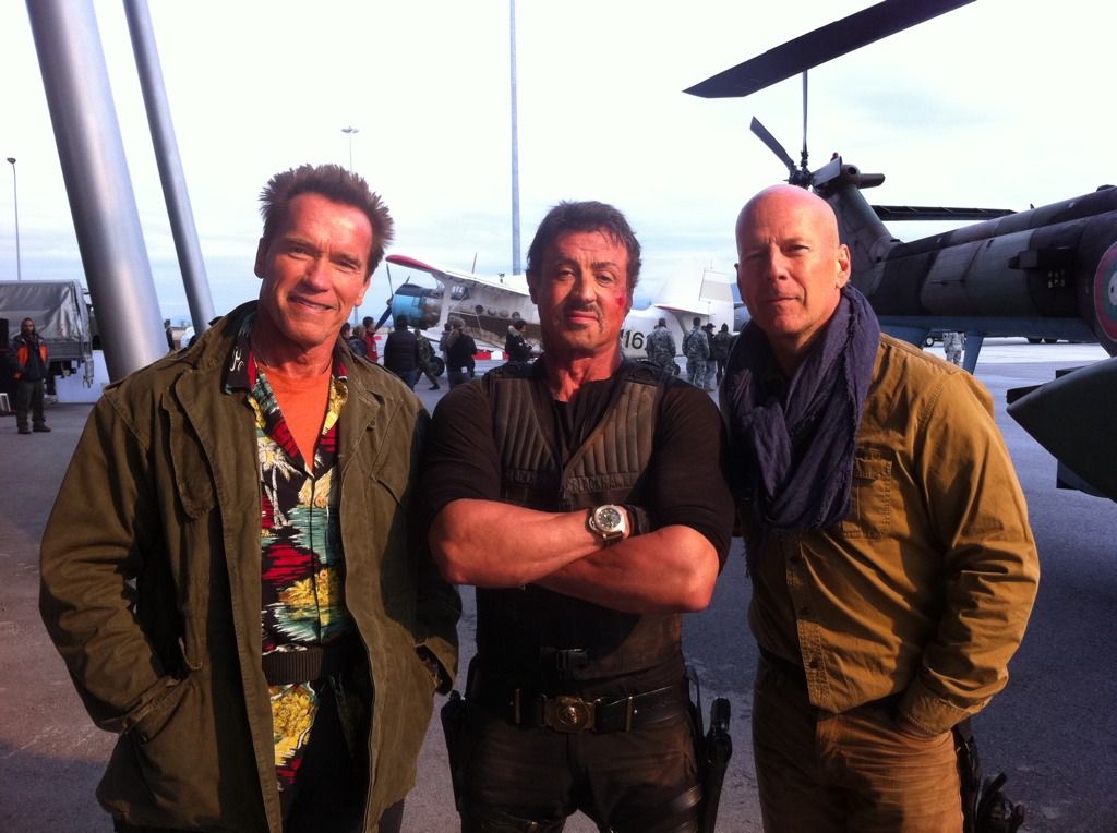 Arnold Schwarzenegger, Sylvester Stallone and Bruce Willis On Set