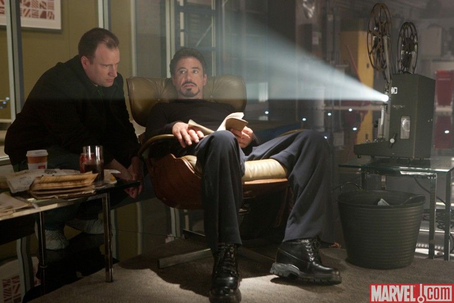 Robert Downey Jr. and producer Kevin Feige on the set of Iron Man 2