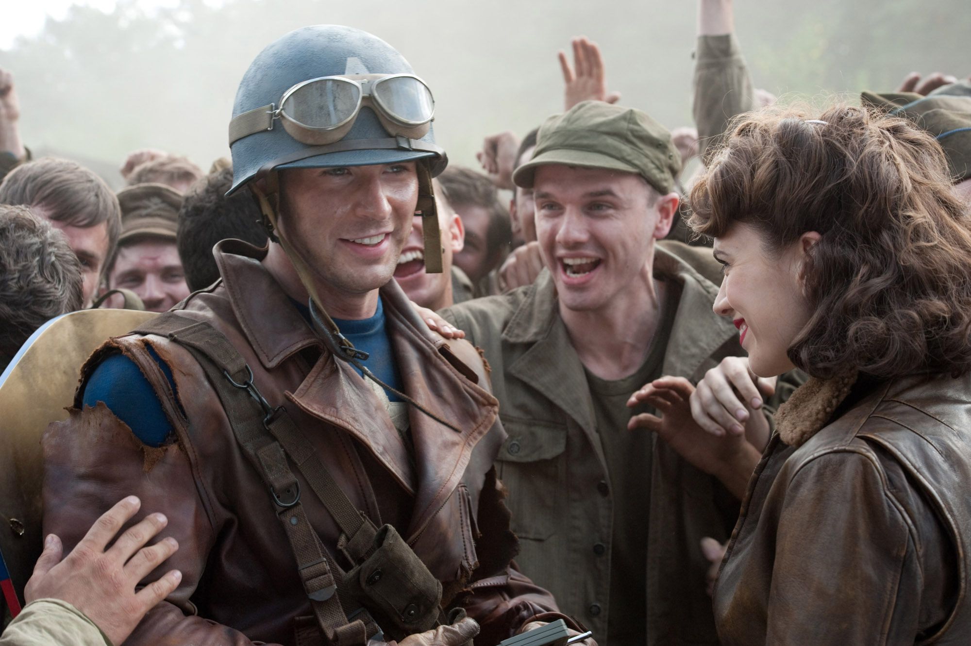 Chris Evans and Hayley Atwell on the Captain America: The First Avenger set