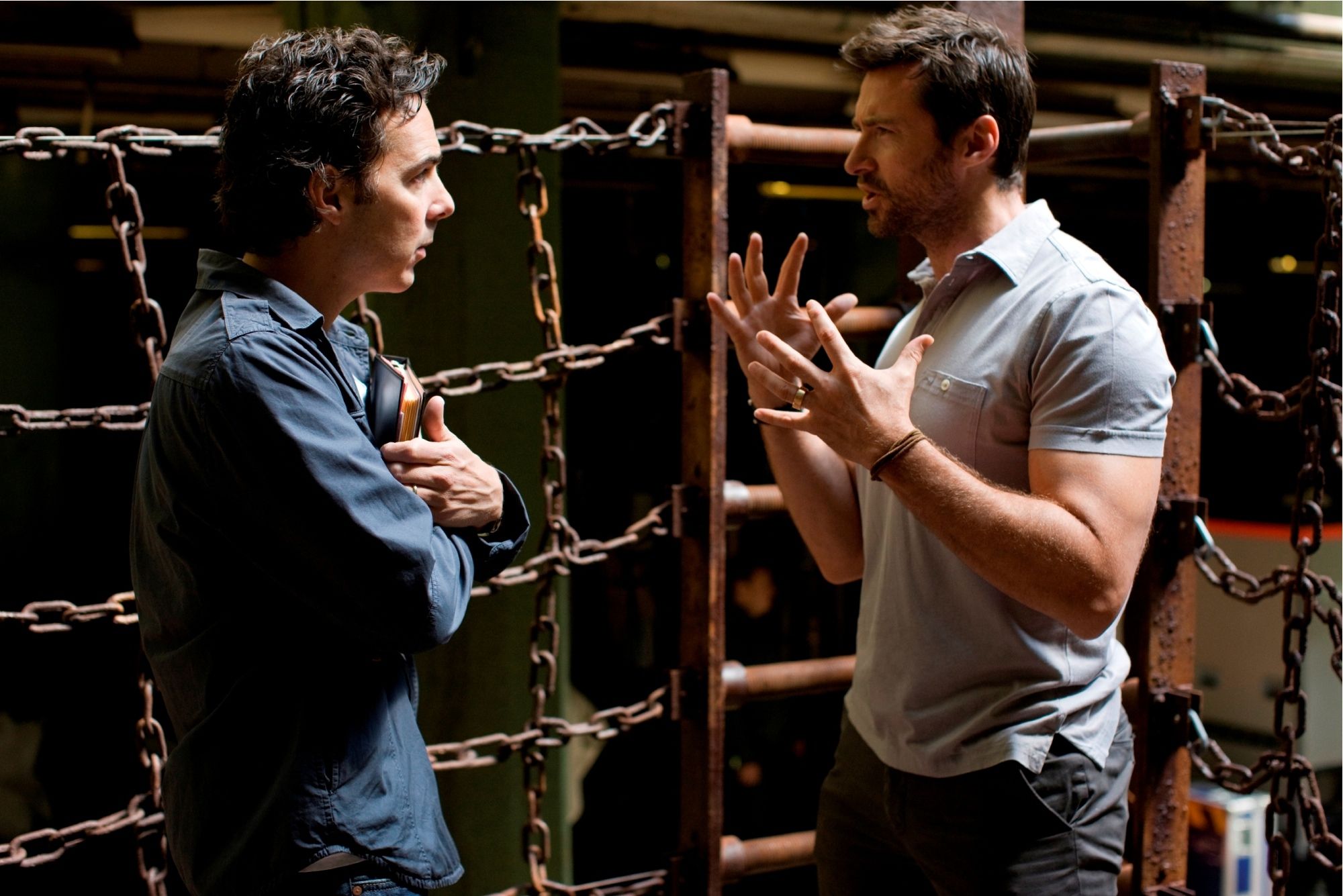 Director Shawn Levy and Hugh Jackman on the set