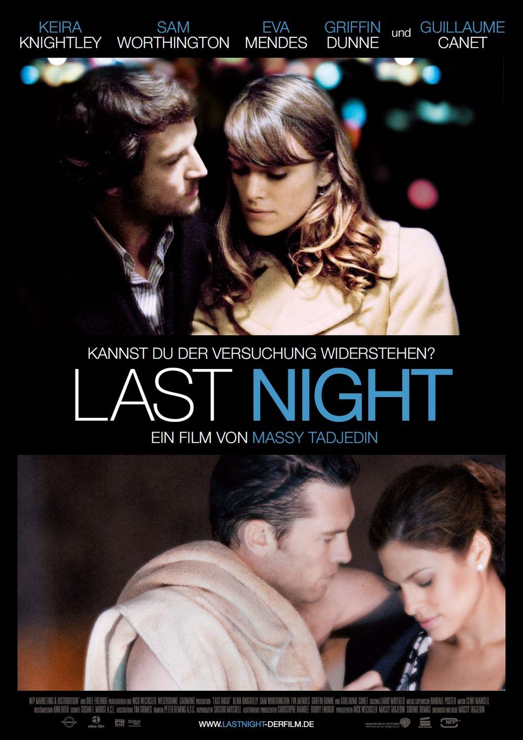 Last Night acquired by Miramax Films for a Spring 2011 theatrical and VOD releaseTribeca Film and Miramax today announced they are teaming up on the U.S. release of {0}, an intricately layered relationship drama starring {1}, {2}, {3} and {4}. Tribeca Film has acquired theatrical, VOD and select digital rights to Last Night and plans to release the film in Spring 2011 theatrically in multiple U.S. markets, including New York and Los Angeles, and also via national VOD outlets and on additional pl
