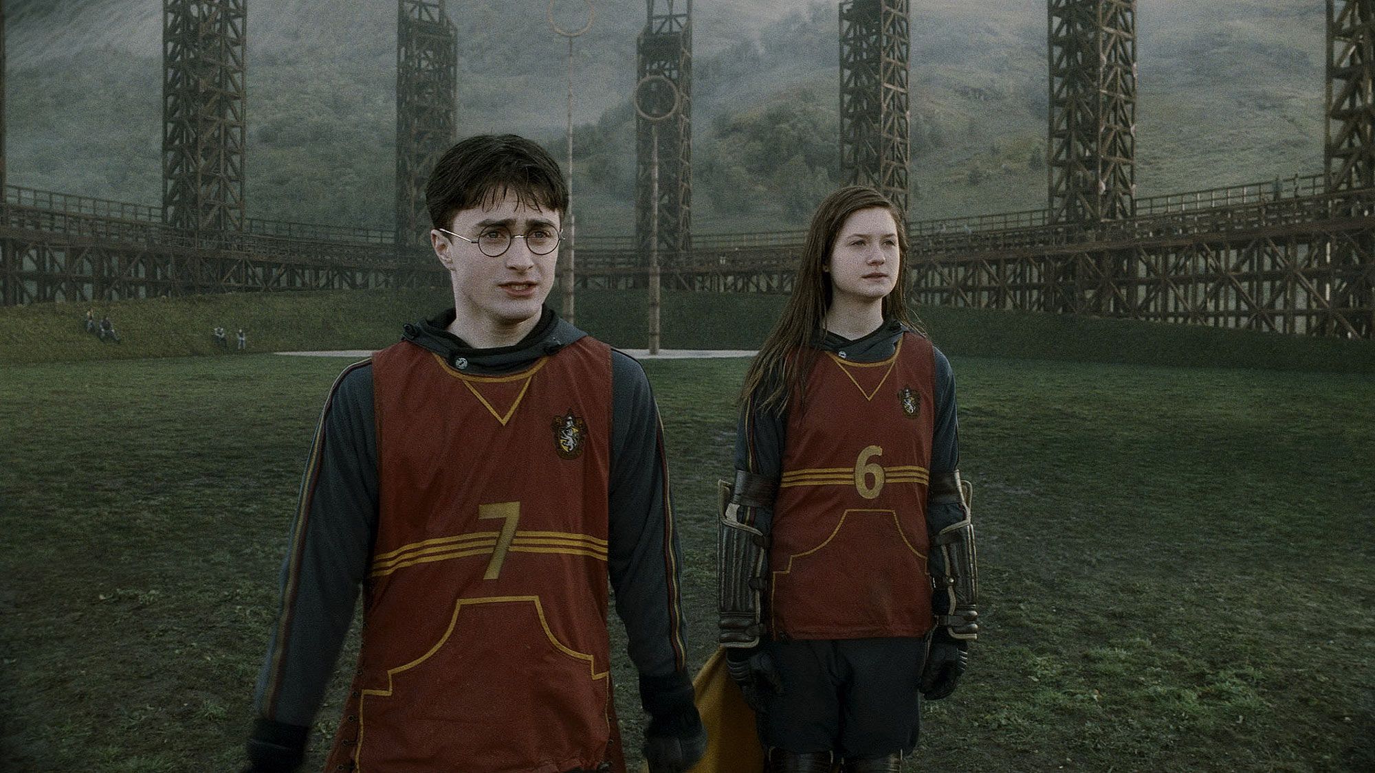 Daniel Radcliffe as Harry Potter and Bonnie Wright as Ginny Weasley