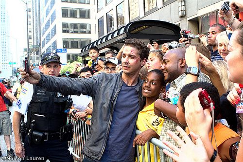 Shia LaBeouf with fans on Michigan Ave