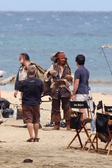 Johnny Depp and Kevin McNally on the set of Pirates of the Caribbean 4