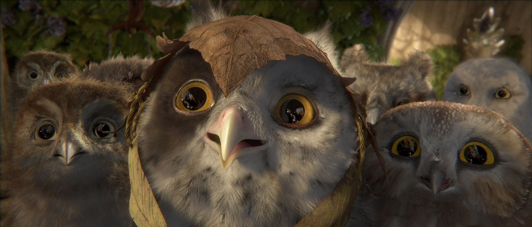 The young owlets of Legend of The GuardiansThe next scene we were shown introduces us to one of the Guardians - who are thought by most owls not to even exist - when they save Digger after his wings freeze up and he plummets towards the sea. They ask Soren and Gylfie to fly with them to their secret tree lair, which {20} described as, an owl Camelot, which we were trying to do in the lighting and the design and just the general vibe of the Tree of Ga'hoole. When they get to the tree, Soren and G