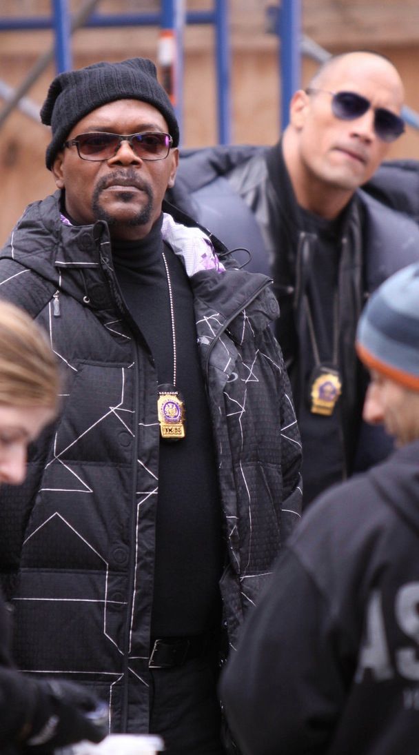 Samuel L. Jackson and Dwayne Johnson on the set of The Other Guys