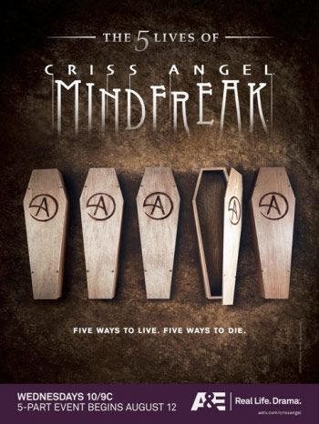 Criss Angel: Mindfreak The Five Lives of Criss Angel Mindfreak{2} is a five night event, with episode four set to debut on A&E this Wednesday at 10/9 central. To help Criss get to the other side, we are giving away a dangerous prize package that includes exciting Criss Angel T-shirts as well as DVD copies of {3} and {4}. By entering our latest Criss Angel Mindfreak contest, you will become eligible to experience all of the thrills and magic Criss Angel has to offer. These prize packs will do a q