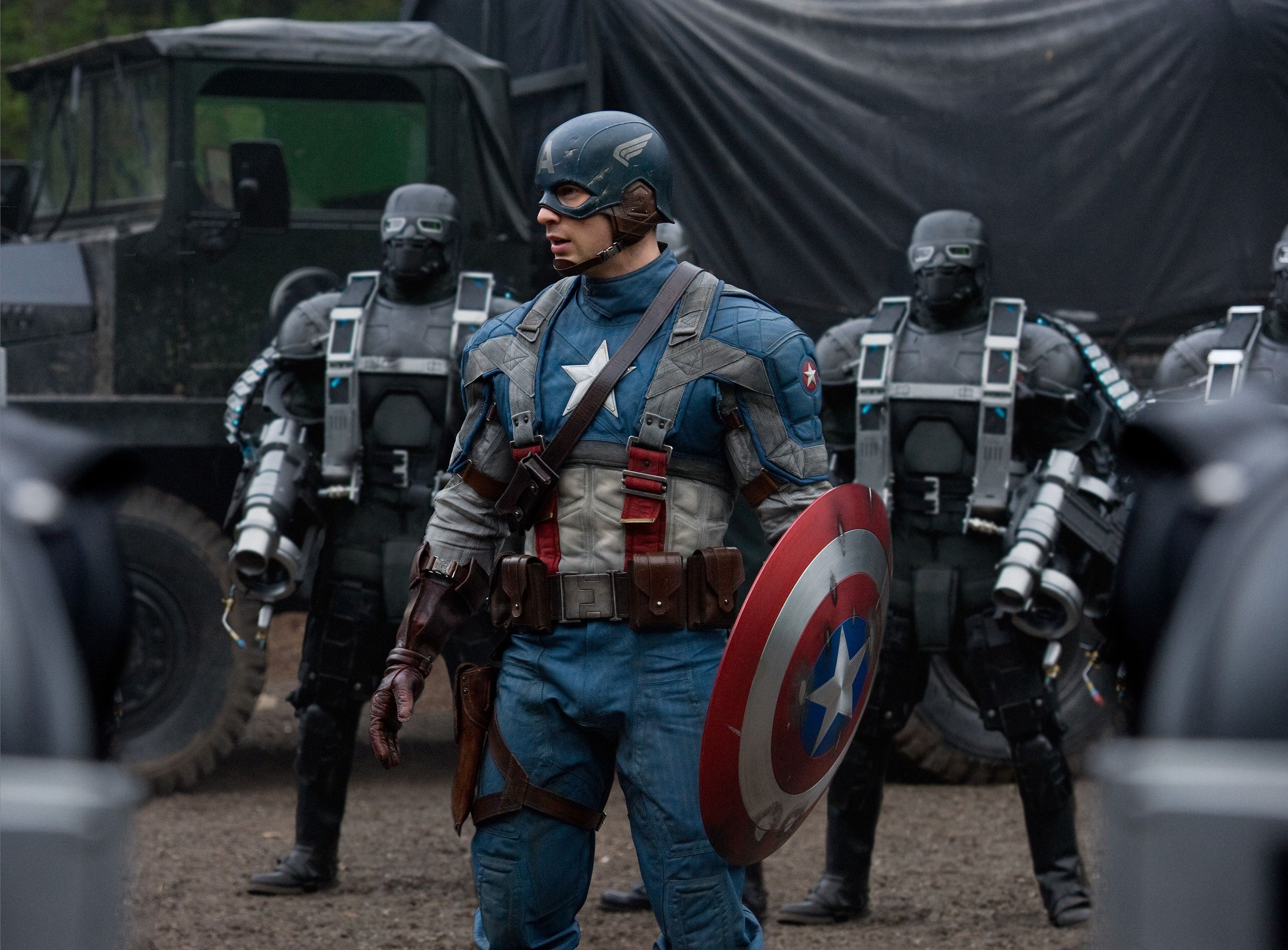 Chris Evans in full costume as Captain America: The First Avenger