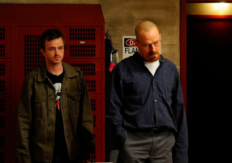 Aaron Paul as Jesse Pinkman and Bryan Cranston as Walter White{100} Ah, man. I have no idea. Honestly. I think Jesse is very shocked by this. Jesse's feelings towards Walt go up and down as the episodes go on. It's a love hate thing. A constant battle that they have with each other. After that incident, I think Jesse is very thankful. I don't know where Jesse saw this shootout going. It might have been almost like walking into a death battle. He wanted to go out there and do this for his friend.