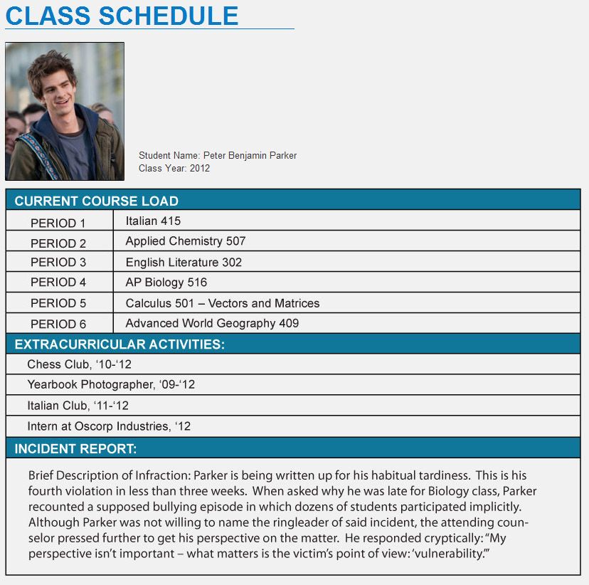 Peter Parker's class schedule