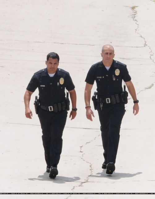Jake Gyllenhaal and Michael Pe&#241a on the set of End of Watch #3