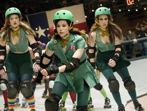 Ellen Page, center, with Drew Barrymore, left, and Kristen Wiig, plays a teen who joins the derby to rebel against her mom