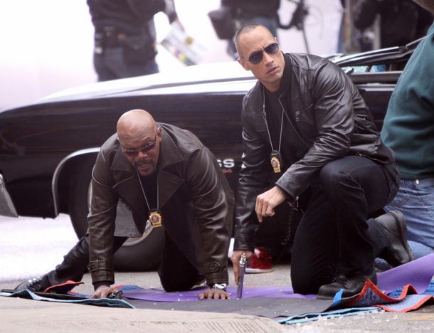 Dwayne Johnson and Samuel L. Jackson on the set of The Other Guys
