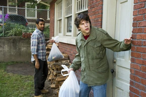 Jesse Eisenberg and Aziz AnsariFinally, {117} shared with us what he hopes audiences will take away from his film. The theme of the movie to me is like, {118} plays this pizza delivery guy who just sits on his couch and has let life pass him by, {119} said. He's just kind of never really done anything and when he's faced with the circumstances of the bomb, he's really forced to prioritize what's most important to him on that day. He has one day essentially to live, so it forces him to get off hi