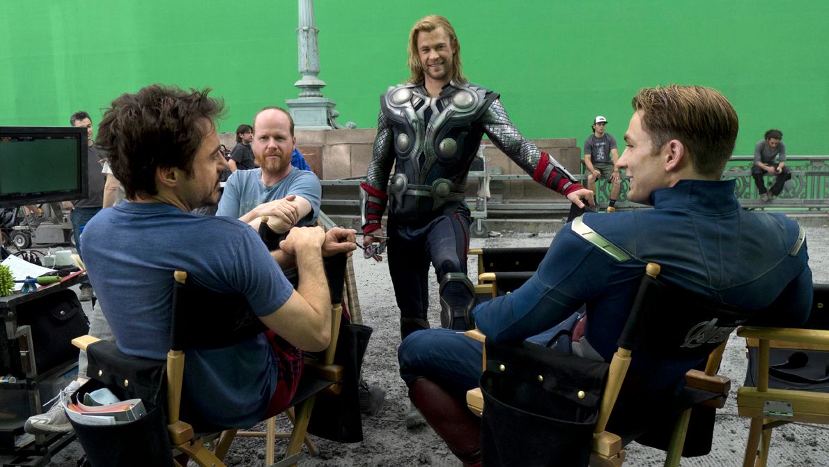 Downey Jr., director Joss Whedon, Chris Hemsworth (Thor), and Evans