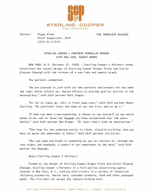 Mad Men Sterling Cooper & Partners merger press release