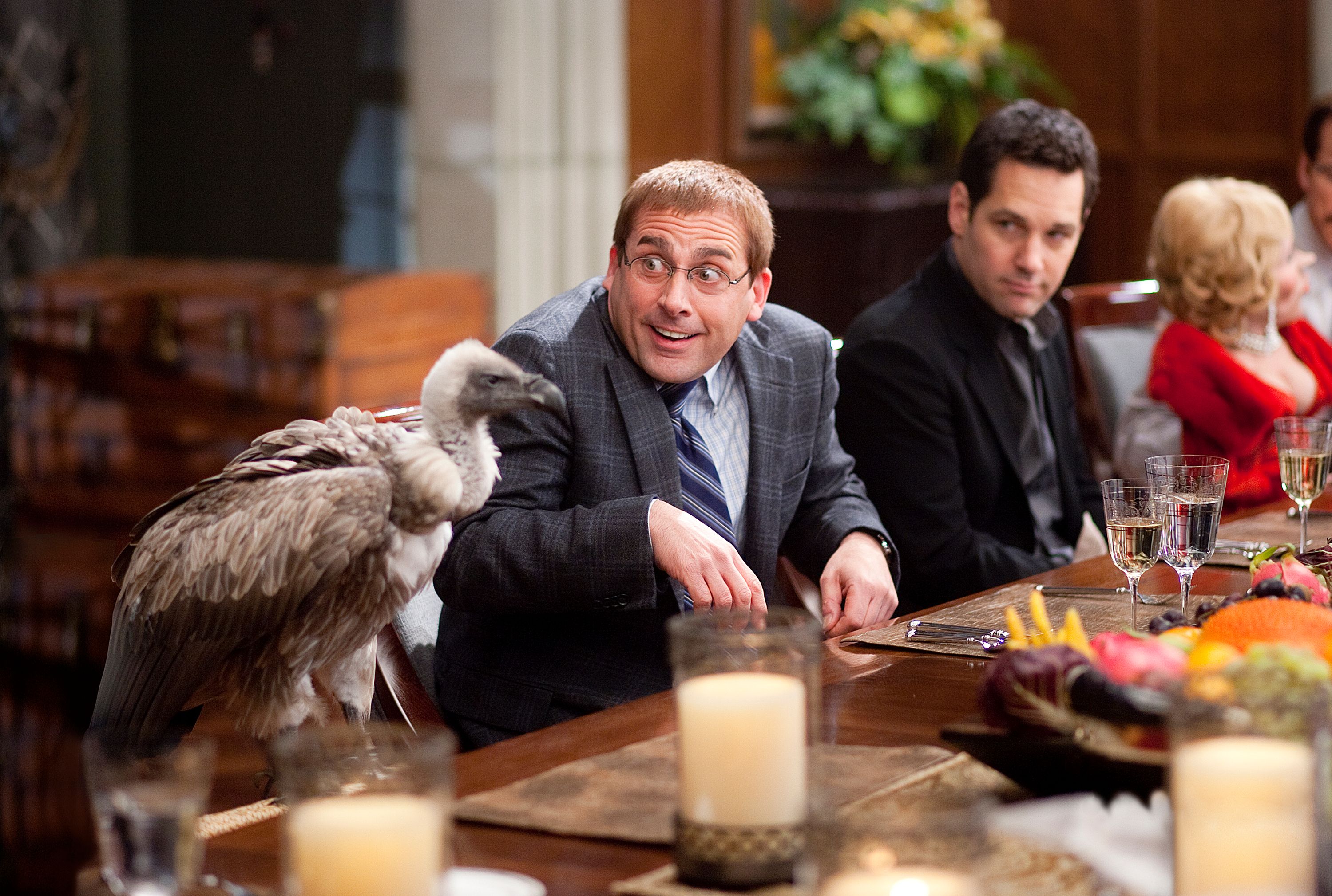 Steve Carell, Paul Rudd and a vulture in Dinner for SchmucksIt truly is a fantastic scene and it's made even funnier with actor {16}, who is probably best known for his various roles on the British TV series Little Britain. We got to chat with him briefly and he told us a bit about how much they were allowed to improvise on the set.