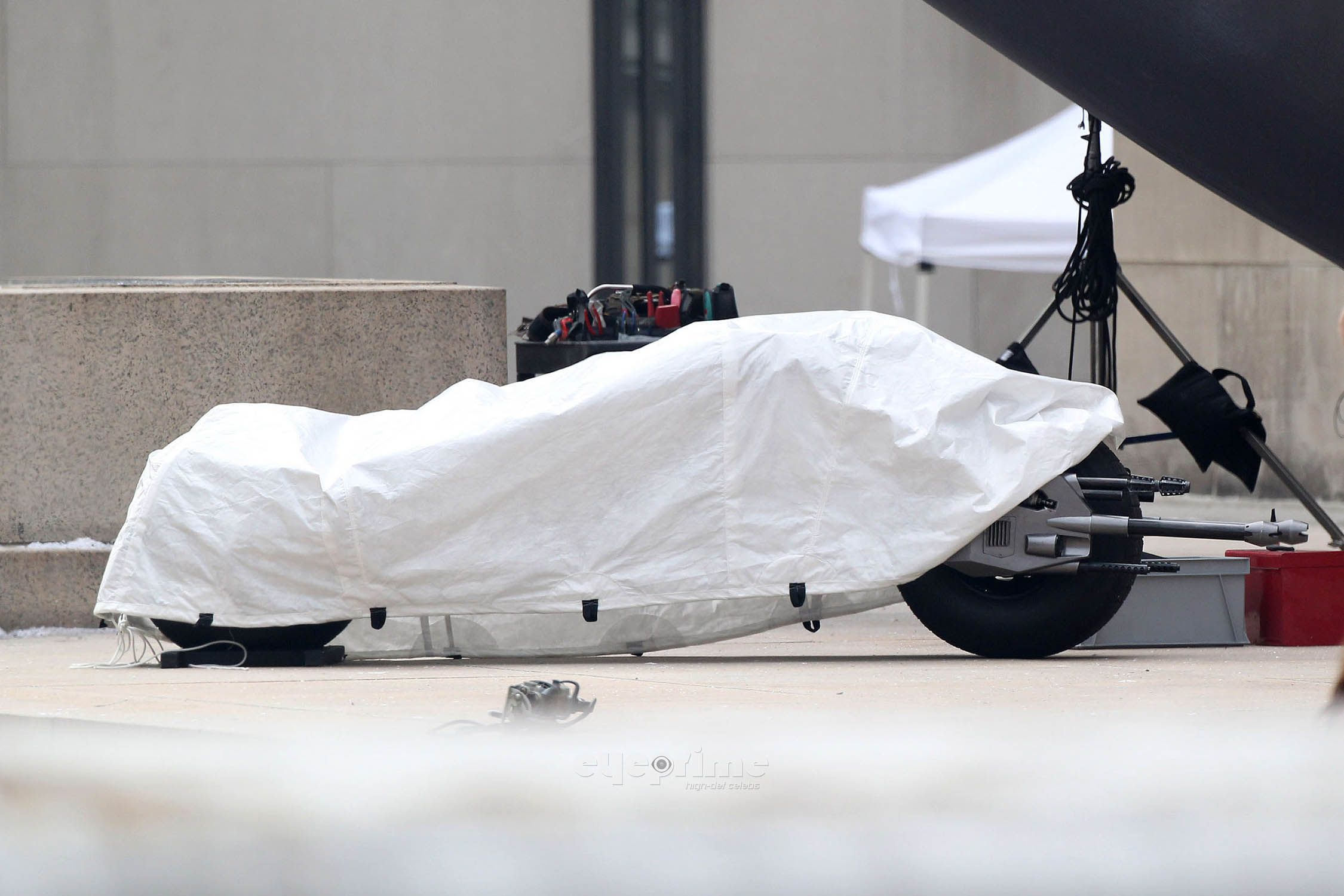 Covered Batpod on the The Dark Knight Rises Set