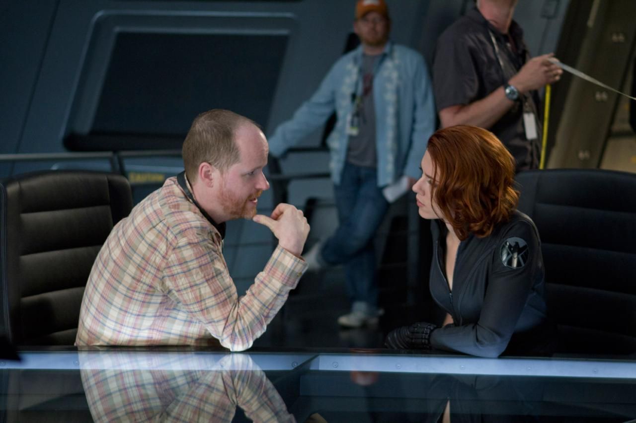 Writer/director Joss Whedon with Scarlett Johansson on the set