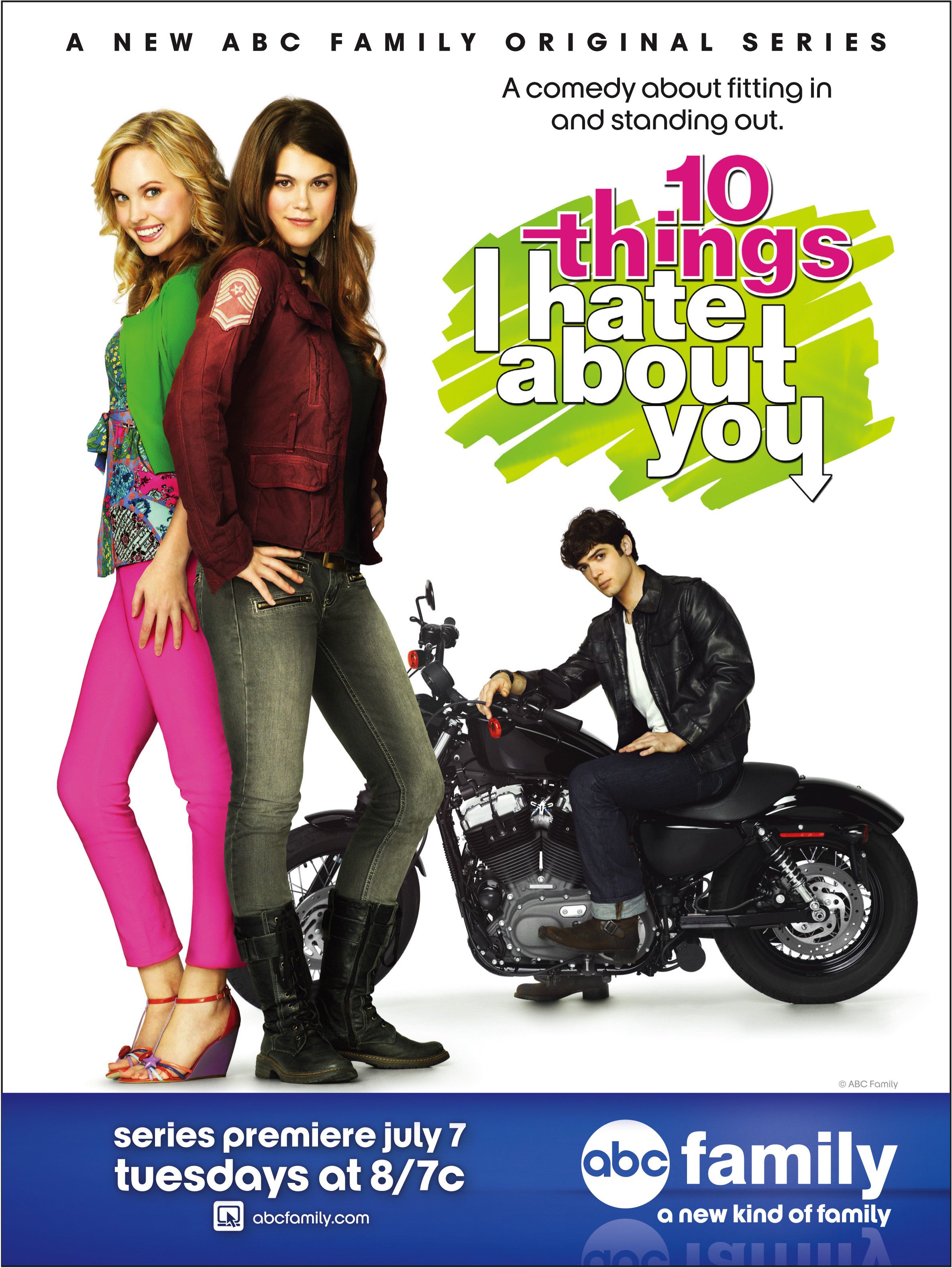 10 Things I Hate About YouThe 1999 film 10 Things I Hate About You was one of a popular spate of teen films that hit theaters right before the new millennium and now, 10 years later, the film is getting new life on the small screen. ABC Family will be premiering the TV version of {0} on Tuesday, July 7 at 8 PM ET and I was recently given the opportunity to visit the set and chat with the cast of this new series. Before the other reporters and I headed out to Santa Clarita Studios, we met at the 
