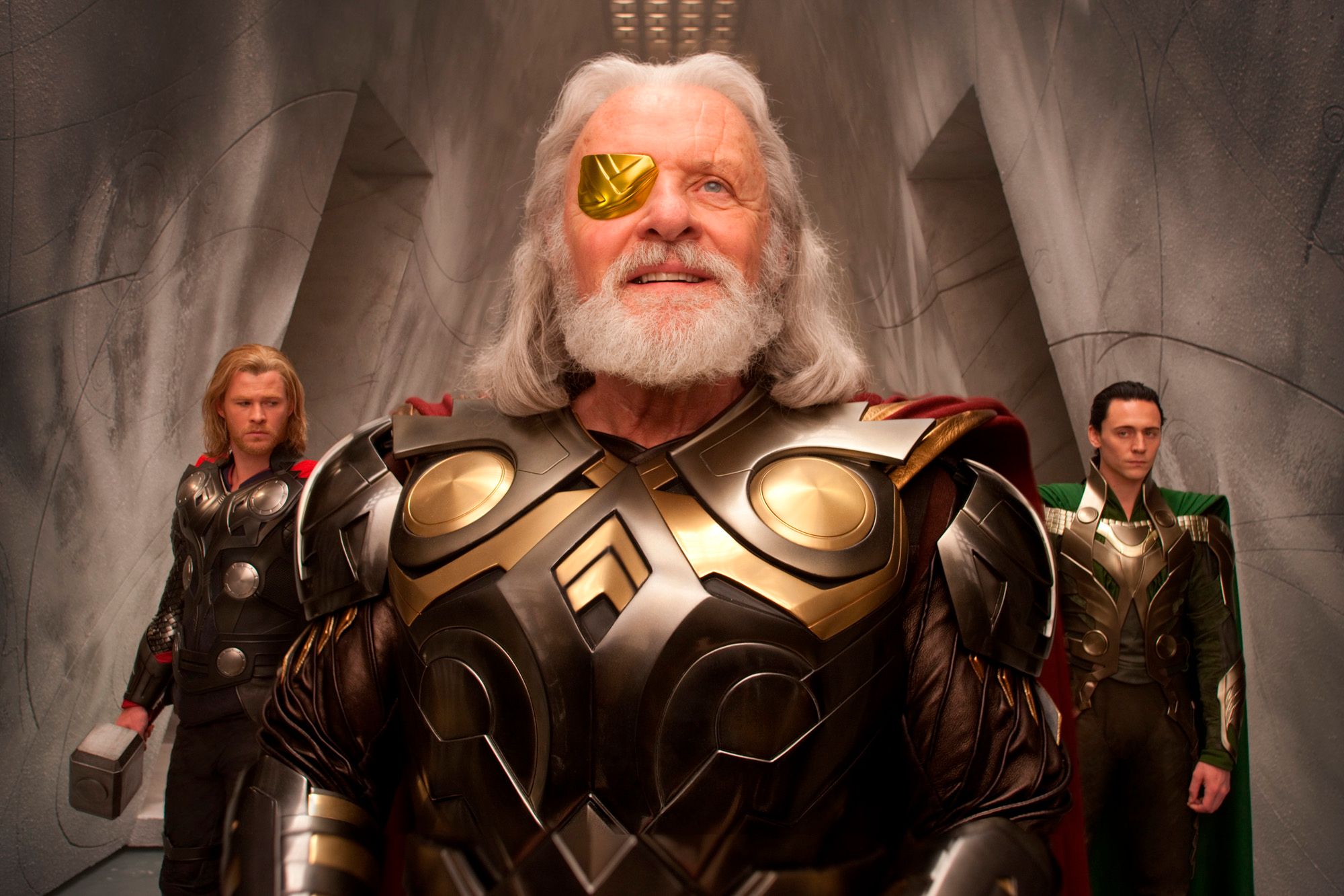 Chris Hemsworth as Thor, Anthony Hopkins as Odin and Tom Hiddleston as Loki