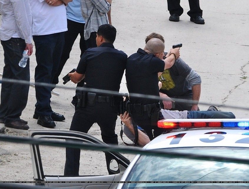 Jake Gyllenhaal and Michael Pe&#241a on the set of End of Watch #4
