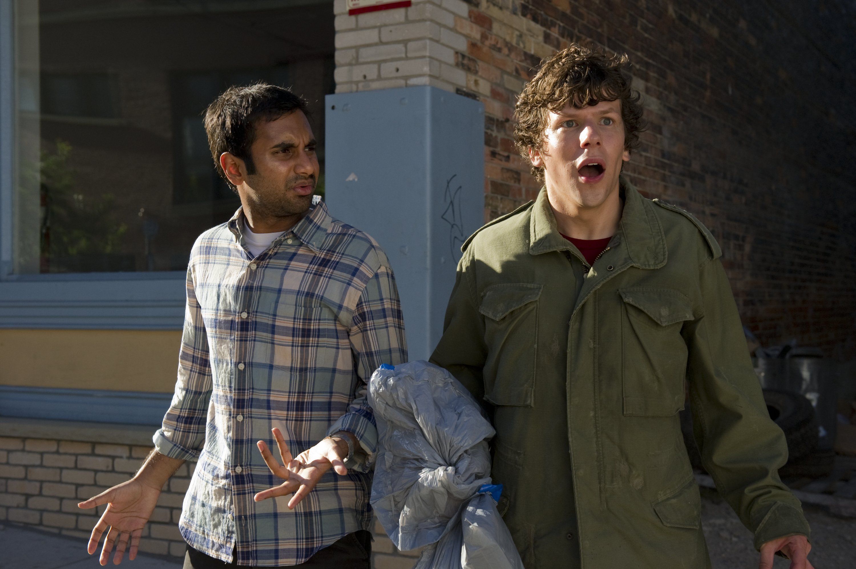 Jesse Eisenberg and Aziz Ansari star in 30 Minutes or LessThe actor talked further about improvising on the set and collaborating with the director. You know {35}'s always like, if you have any ideas, try them. I think when you start to talk about improvising, it gets to be actors, just saying dumb stuff randomly like on Whose Line Is It Anyway?, or something. But I try to think of it as rewriting in the moment. Like really looking to see if there is any alternate jokes or something like that, a