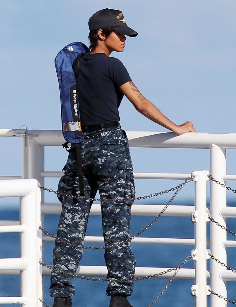 Rihanna ready for action on the Battleship set